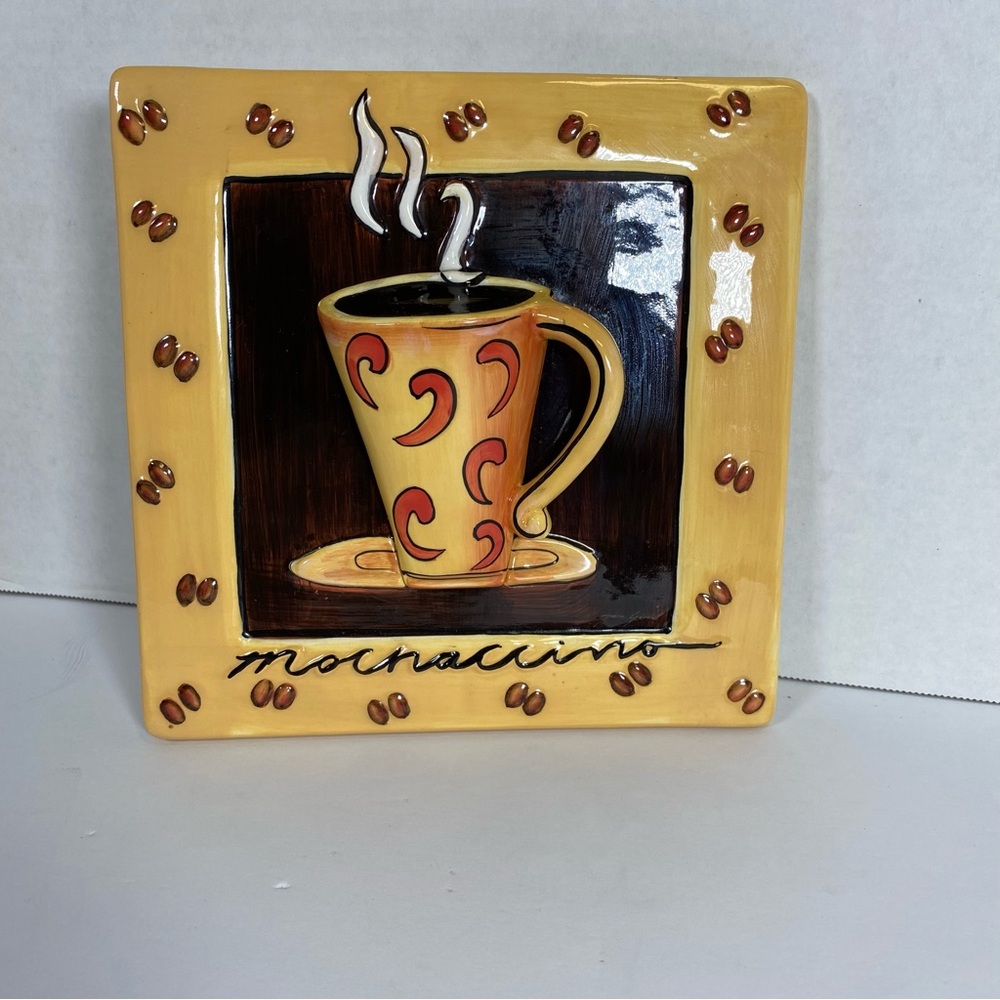 Mochaccino Steaming Coffee Cup Vintage  Hand Painted Porcelain Wall Decor